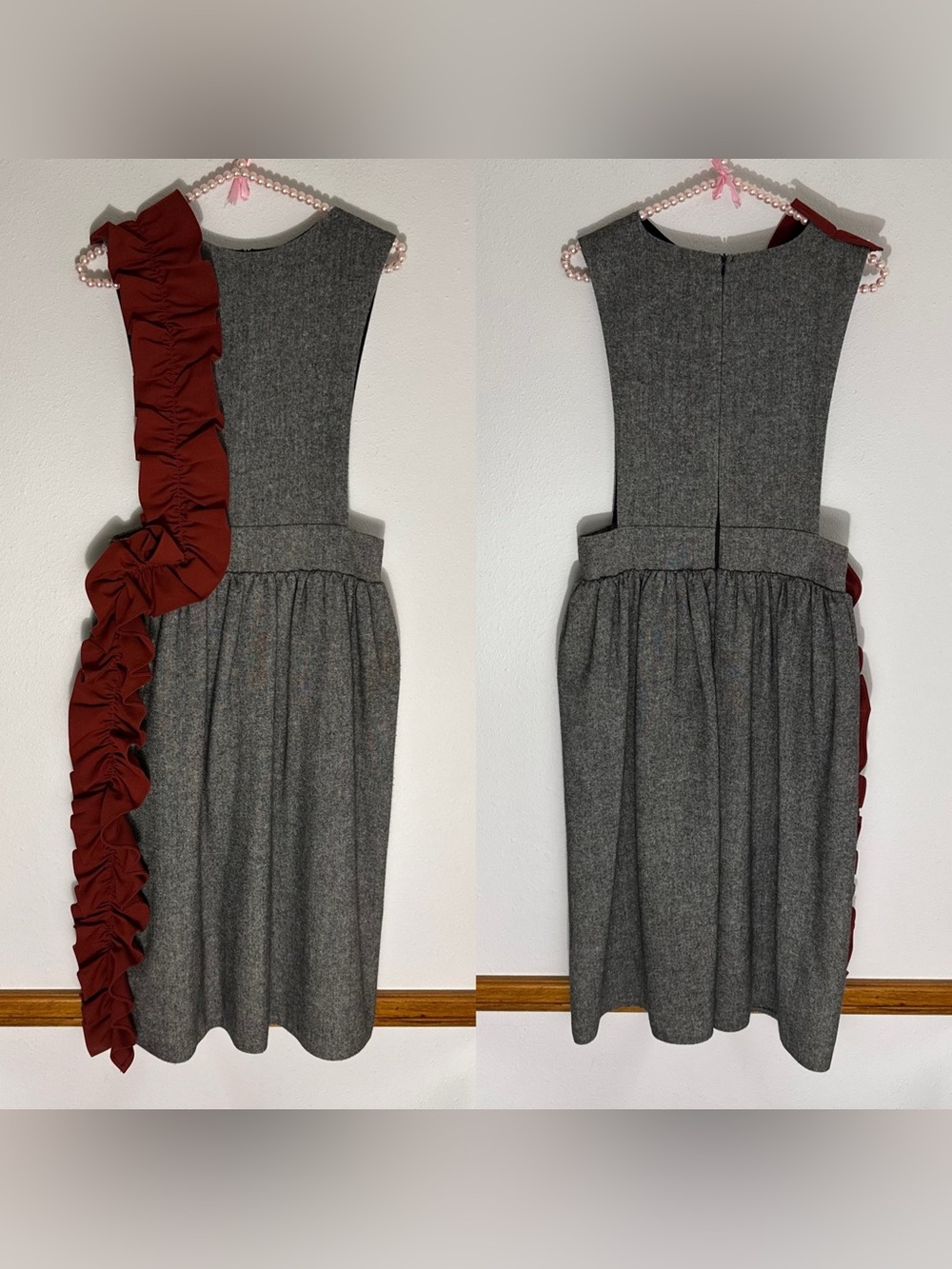 Celina’s Dress Me Up gray and burgundy ruffle pinafore dress